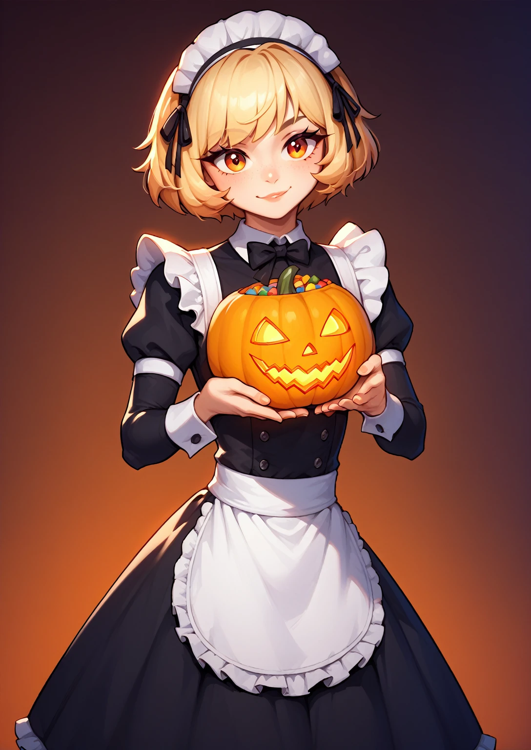 1girl, halloween aesthetic, holding a punpkin, maid outfit, short girl