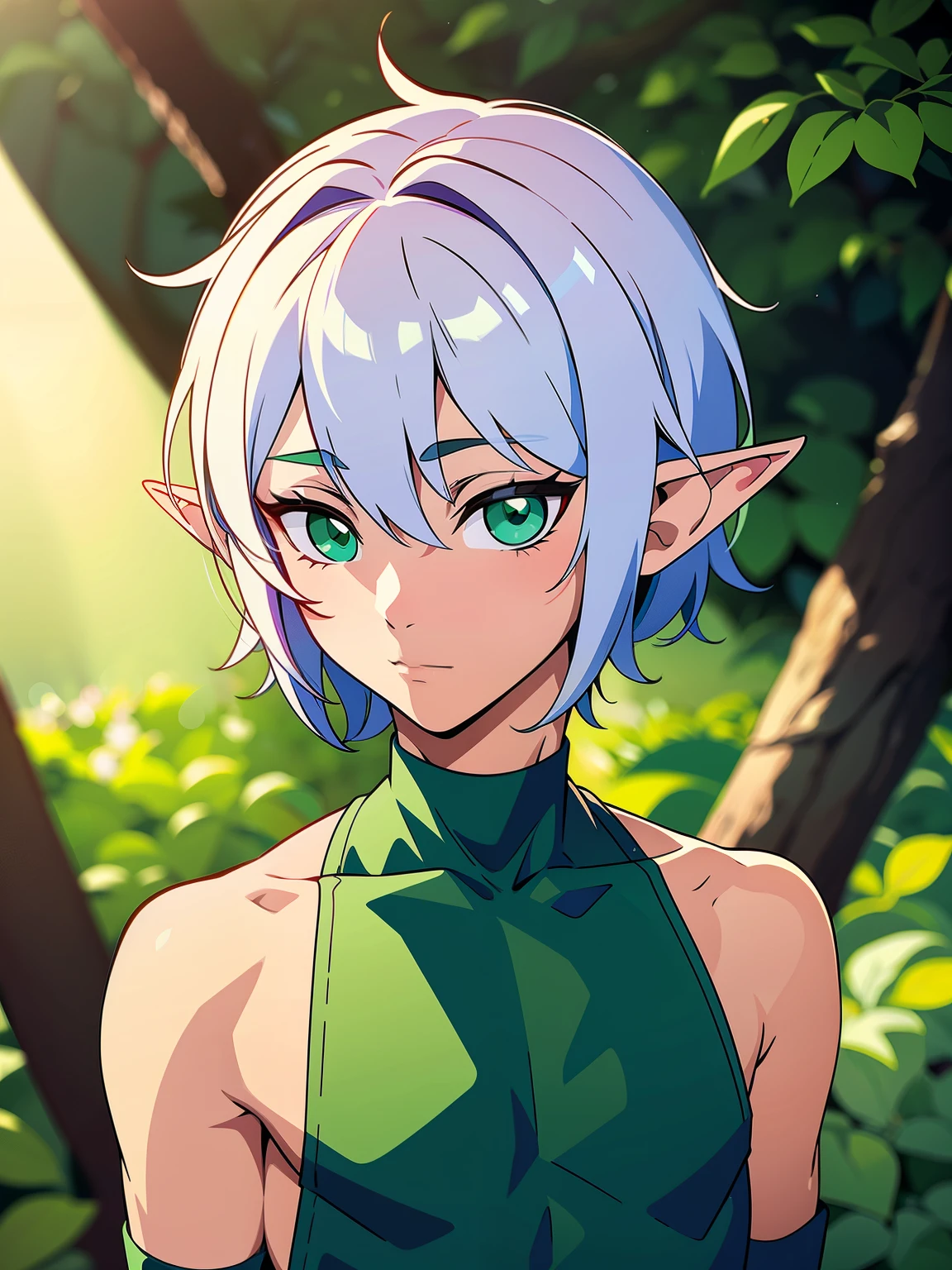 Highres, Masterpiece, Best quality at best,Best Quality,hight quality, hight detailed, 1boy, Symmetrical Eyes, CFemboy, White hair, green eyes, Elf boy, elf ear, elf forest, wearing revealing clothes, (Upper body), bare shoulder, Spotlight on shoulders, anime gay femboy style, femboy style mix drawing, anime style, making a sexy femboy clothes, make him revealing clothes, femboy hentai style, femboy gay, Seen from front, (very small and short stature), (very young boy), Blurry beckground