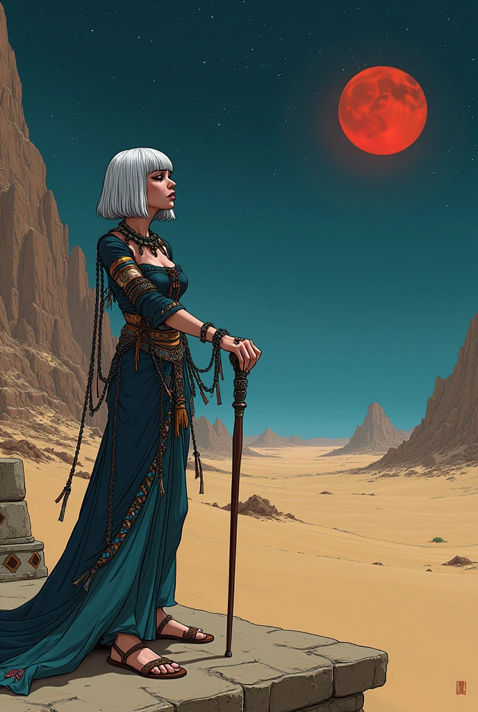 red haired woman sitting on closed black coffin in the middle of desert, there are tombstones all around, night, the moon is shining in the sky
