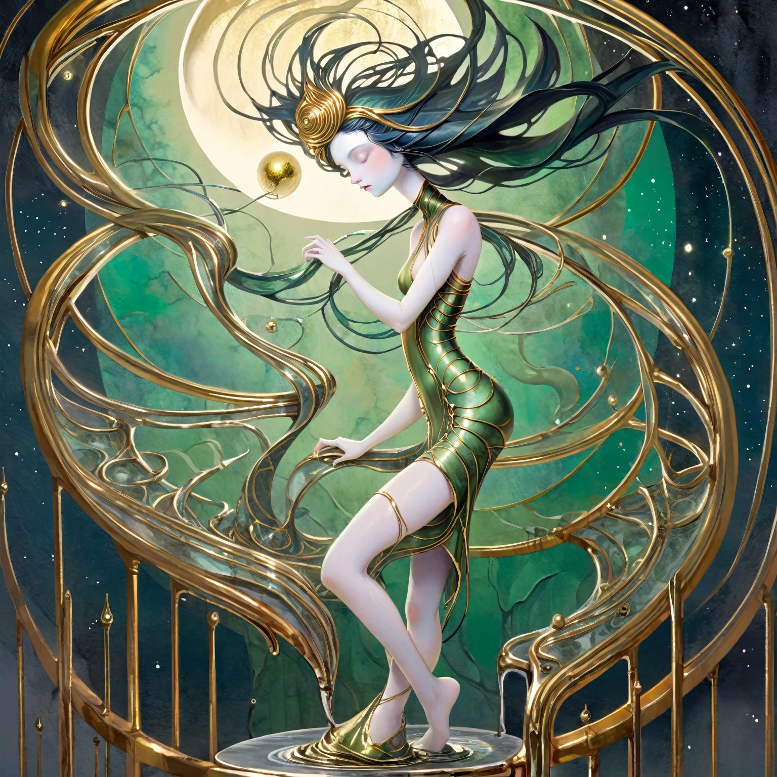 in the style of Naoto Hattori, Mark Ryden, Josephine Wall, Artgerm and Greg Rutkowski, Simon Stalenhag, Dave Mckean, Standing figure with flowing curly dark hair, adorned with a golden headpiece. Wearing a unique, green and gold accented outfit with an ethereal, silver-gray robe embellished with delicate golden details. The long robe drapes elegantly and has revealing cuts. She's positioned on a metal staircase with celestial and steampunk-themed elements. Her pose is composed and graceful, standing barefoot with hands gently clasped. Behind her, a majestic full moon with golden craters illuminates the surreal, starry night sky surrounded by soft, fluffy clouds. The scene exudes a mystical and serene atmosphere with a touch of fantasy and romance. The light is soft and diffused, creating subtle shadows. The overall mood is otherworldly and enchanting, reminiscent of a celestial being or a deity. Concept art, illustration, inspired Art-Station, intricate details, oil painting.
