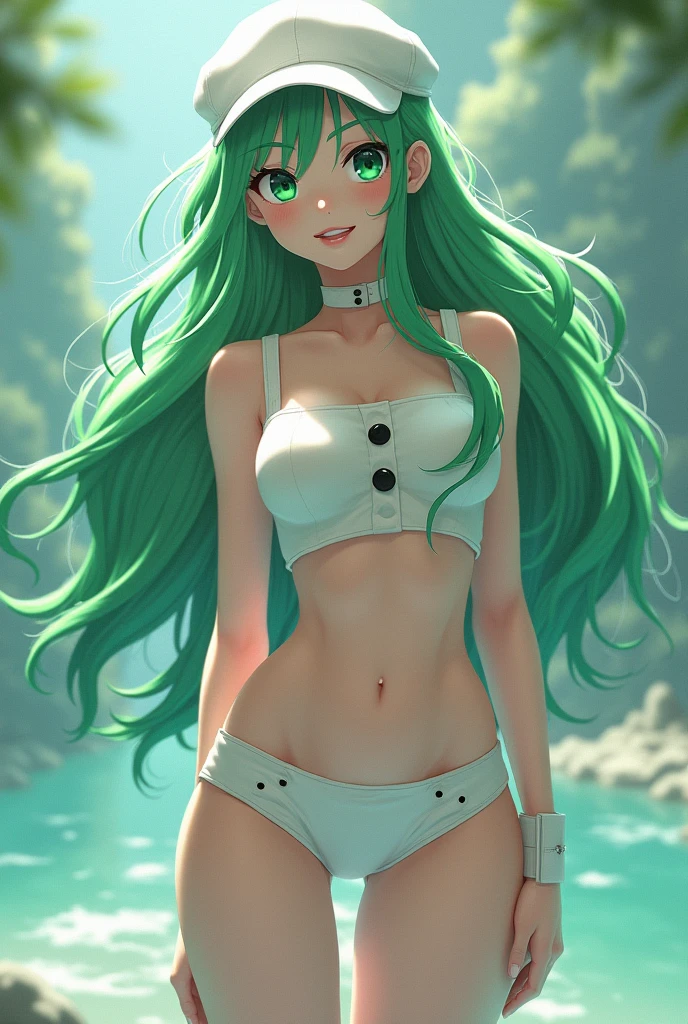 (2D Anime Style),(Breakdomain Style:1.5),(girl1),(woman1),(Solo portrait of a girl:1,5),(slender body),(structured),(hot),(mature and sexual body),(big ass), (mature and sexual body ), (slender body), (physical attributes such as large breasts and ass), (anime), (white skin color), (super mega hyper gigantic breasts: 1.5), (with long green hair), (green eyes ),(an 18 year old woman, with white socks),(wearing),+,(and a sexy dress, dressed in a heroine costume consisting of a white sleeveless jumpsuit with a super short white skirt that is tight and straight at the back front and straight at the back breast size, they are size AA+),(Super short skirt:1.5)