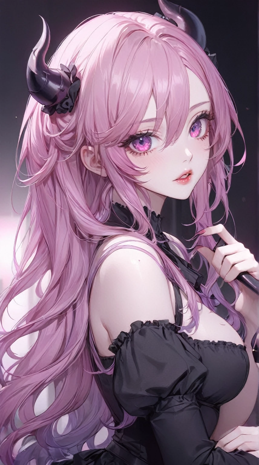 anime girl with pink hair and black top posing for the camera, demon anime girl, guweiz, artwork in the style of guweiz, gapmoe yandere grimdark, seductive anime girl, gothic maiden anime girl, anime girl, anime illustration, digital anime illustration, anime vibes, yandere, beautiful anime portrait, detailed digital anime art, clean detailed anime art