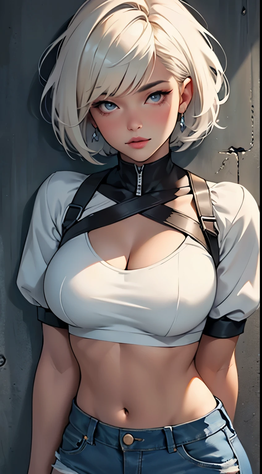 ((Beautiful lighting)), wavy silver-haired bob haircut, gal, tight stockings, Very cute, Huge-breasts, thick-thighs, school uniform, cleavage, NSFW, (Masterpiece)), ((Highest Quality)), Choker, Wet with white liquid,. bare breast . Tattoos like  .  tattoo