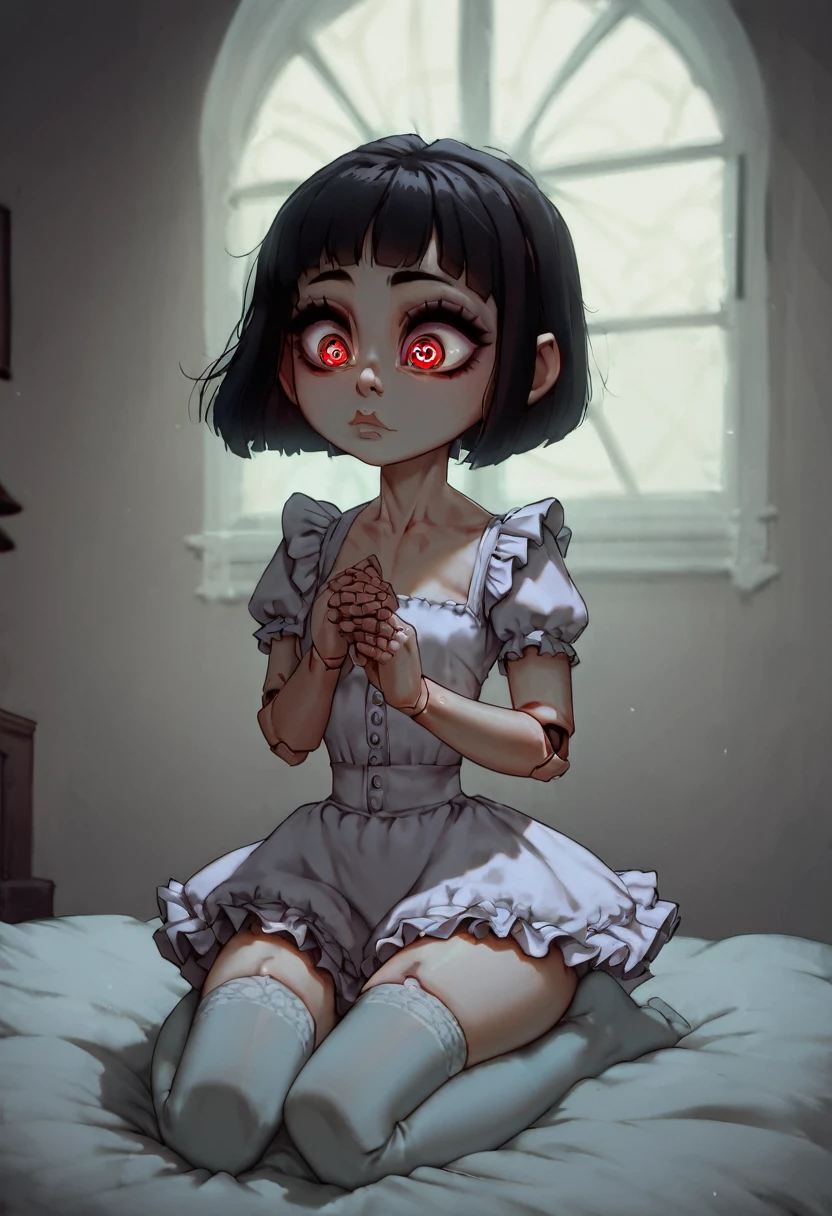 rating_safe, score_9_up, score_8_up, score_7_up, uncensored, pale doll-skin, cute eerie face, child-like proportions, big eyes, ((short black hair)), tiny young prepubescent asian creepy child-doll collapsing on bed, kneeling, (19th century frilly dress), kuudere, narrow hips, porcellain skin, red eyes, shocked pinprick pupils, cute eerie doll face, stockings, ((doll-joints)), skinny and eerie cutie, (bedroom background), thin body, dimly lit, nightsky visible through simple small window, moonlight, closeup, closed mouth, closeup, small breasts,