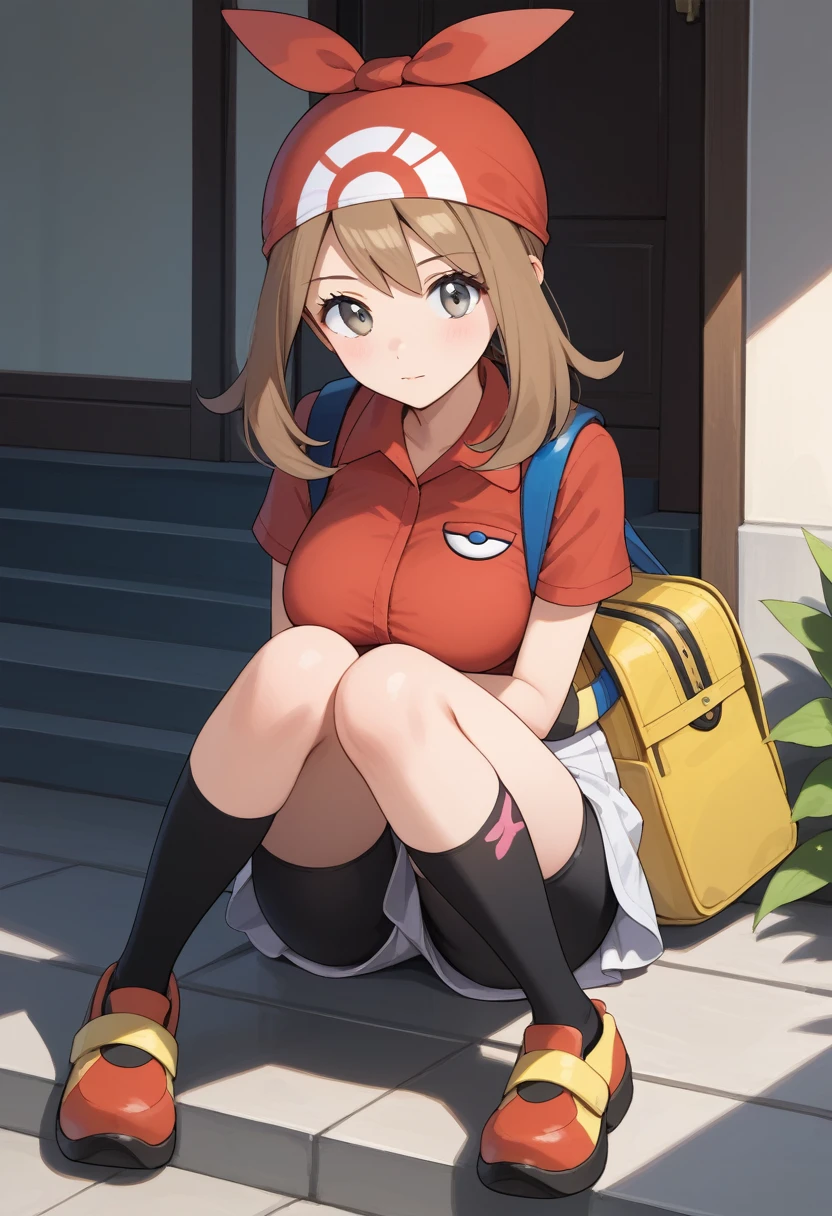 masterpiece,best quality, highly detailed, score_9, score_8_up, score_7_up, score_6_up,source_anime,
BREAK
 may, 1girl, may (pokemon), solo, gloves, bandana, brown hair, , bike shorts, black socks, short sleeves, red bandana, grey eyes, shirt, skirt, white skirt, socks, red shirt, full body, fanny pack, closed mouth, shoes, , bangs, yellow bag, collared shirt, knees, long hair, shorts,big breasts