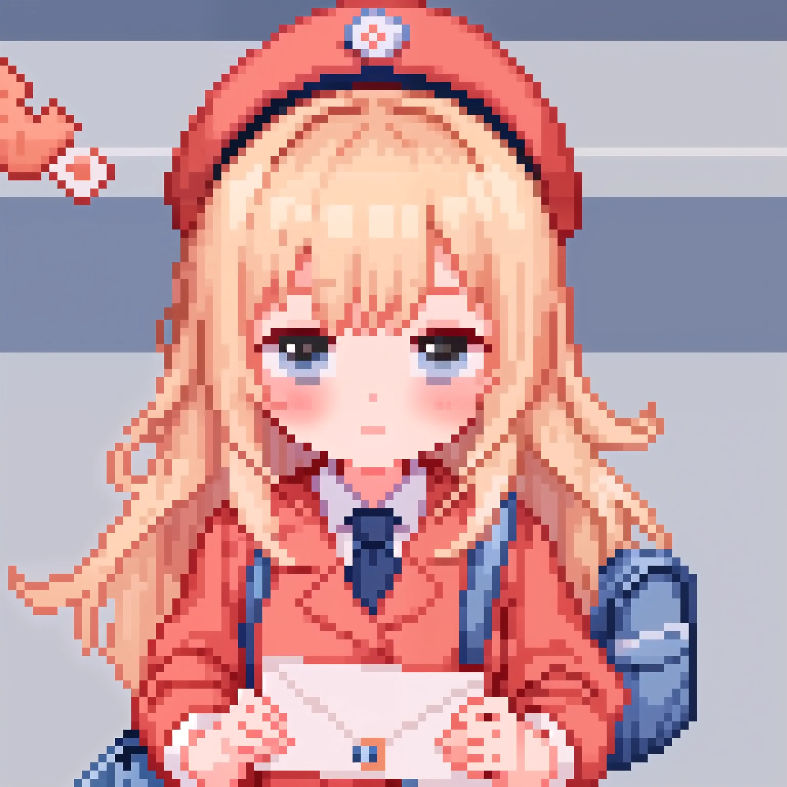 Pixel_art, Postman Girl, blonde, postman uniform, postman hat, bag of letters, holds a letter, hands a letter to the camera, tired, Tired, blush, Pixels
