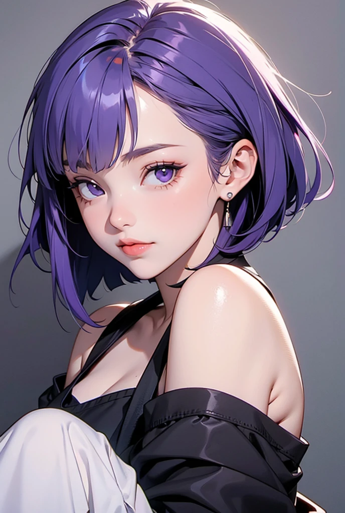 underboobs，cropped-fc，，， BTPT-FC，semi-nude，Cleavage，lagre breasts，No bras， breasts out，Blunt Bangs，Dark blue hair，Super beautiful face，shinning eyes，Korean makeup，1girl with big breasts，Purple eye，Flamboyant hair，Close up of a，sportrait，brushwork，prette