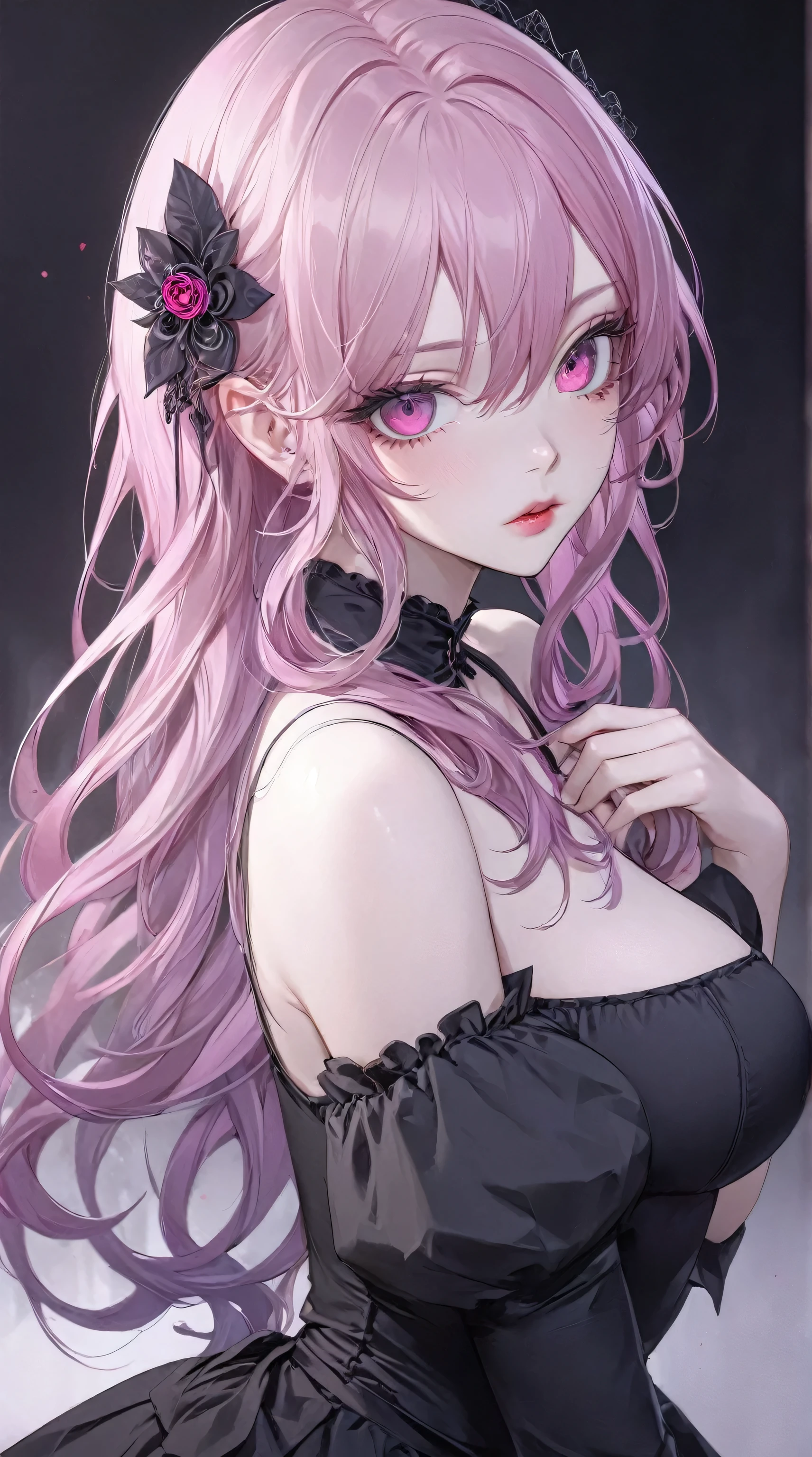 anime girl with pink hair and black top posing for the camera, human anime girl, guweiz, artwork in the style of guweiz, gapmoe yandere grimdark, seductive posture , gothic maiden anime girl, anime girl, anime illustration, digital anime illustration, anime vibes, yandere, beautiful anime portrait, detailed digital anime art, clean detailed anime art