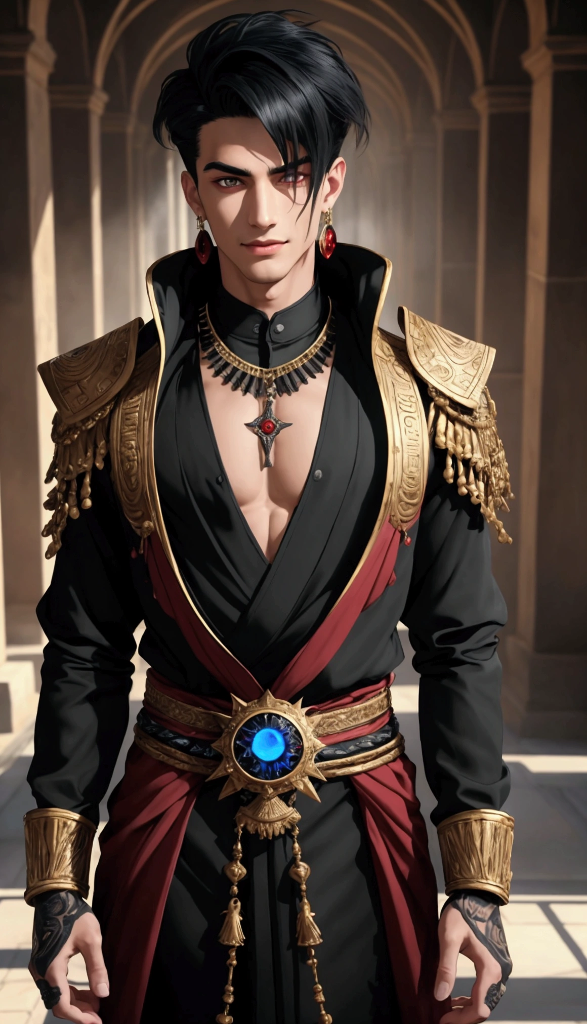 Handsome young man, earrings, black scarlet hair , with a daring hairstyle , Bangs over the eyes, looks at the viewer, Smile, red eyes burning brightly, masterpiece, Realistic anatomy, Divine Rays, 8K rendering, Gothic, Japanese style, realism, the clothes of the Egyptian god of the dead are red ,lip piercing, Deep gaze , full height, open sexy clothes  ,stands in the middle of the desert 