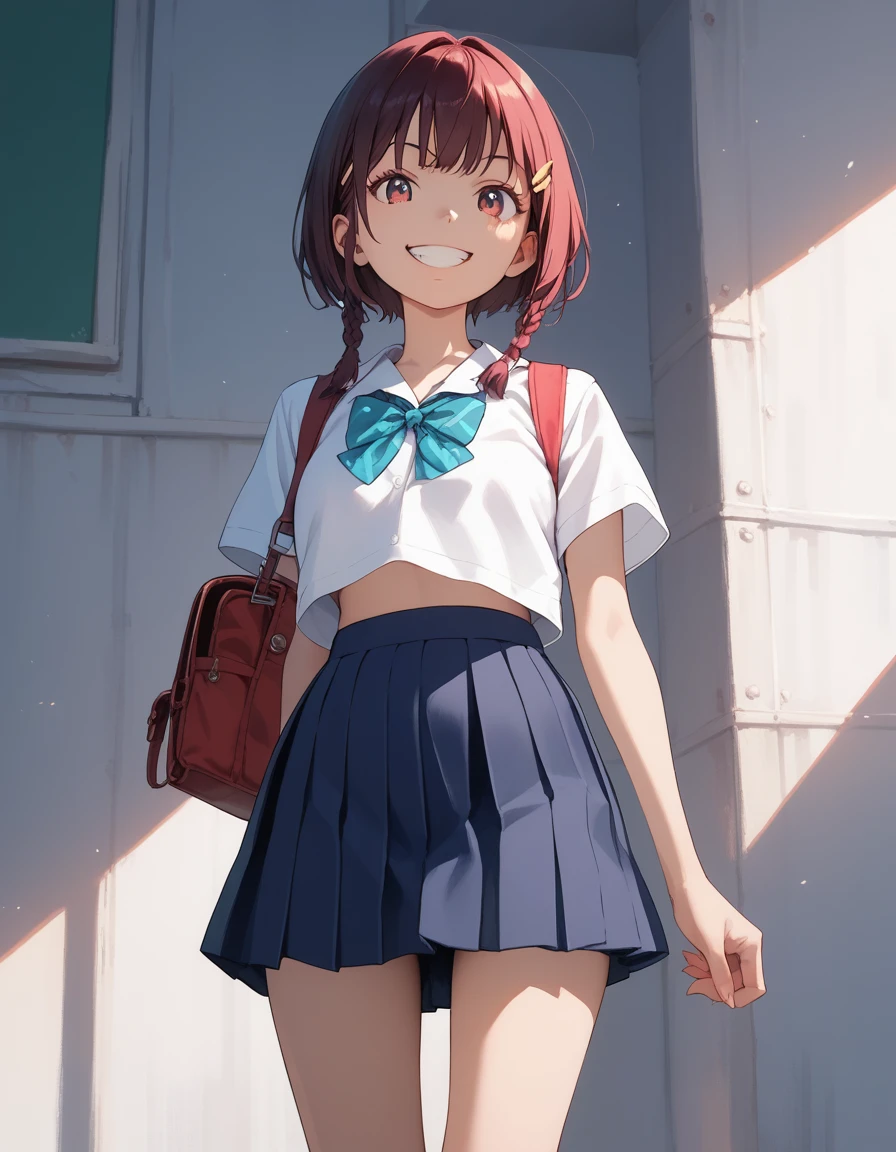 1girl,***,school uniform,summer,short sleeves,suspender,white shirts,miniskirt,grin