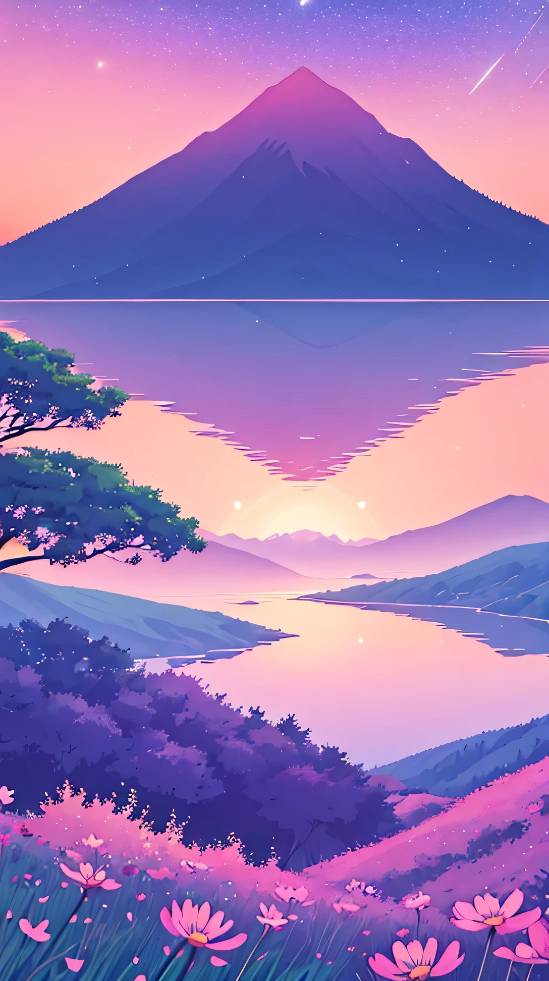 /imagine prompt: Viral anime nature wallpaper in 4K quality, in the style of photography with a 35mm lens inspired by Mamoru Hosoda, capturing a tranquil mountain meadow at dawn, the sky a gradient of pink and purple, and a gentle mist rising from the ground; cool and serene color temperature, cosmos lighting with stars twinkling in the sky, no human characters, the atmosphere is peaceful and serene --v 5 --stylize 1000