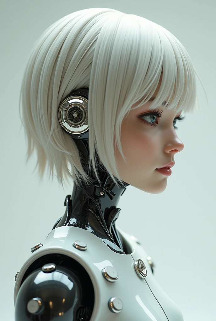 masterpiece, best quality, 8k, RAW, High Detail, a grim portrait of a girl with intricate angular cybernetic implants inside a brutalist building, gothic brutalist cathedral, cyberpunk, award winning photo, bokeh, cybernetic limb, (white short hair:1.5), Detail skin,