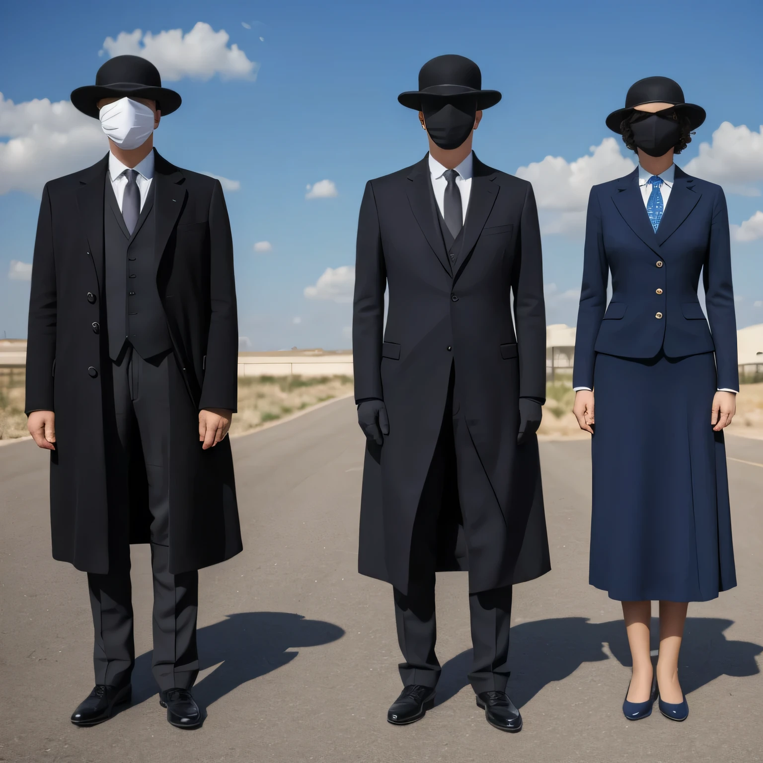 r3n3m4gr1tte, The style of René Magritte, gentleman and woman side by side facing forward, there are two people in a suit and tie standing next to each other, emotional surrealist art, in style of rene magritte, surrealist conceptual art, no faces, their faces covered in fabric, with a blue sky background