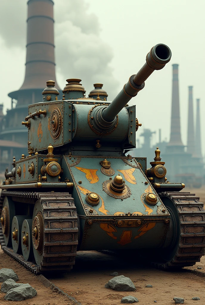 (Ultra-detailed face, looking away, Fantasy Illustration with Gothic, Ukiyo-e, Comic Art, Rich colors),
BREAK
(This is a steampunk-like world where magic and machines are fused together. Heavily armored lead cars with caterpillars on both sides are fighting side by side. On top of the bogie is a 120mm glide gun and two remote-controlled heavy machine guns.) A heavily armored military steampunk tank:1.5, detailed metal plating, large treads, turret with a massive cannon, military camouflage pattern, steam punk style tank, realistic 3D rendering, highly detailed, steam powered, cinematic lighting, dramatic shadows, gritty and grungy, epic scale, award-winning digital art, ultra-high definition, photorealistic, masterpiece