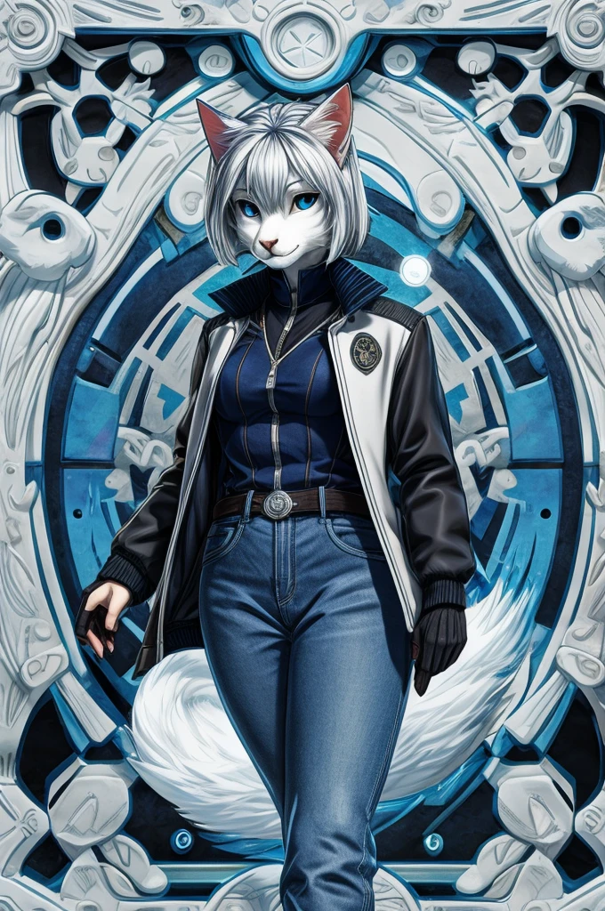 Black and white cat . Humanoid，Light grey jacket，Blue Jeans，Like a dream, mystery, emblem, complex, Detailed，Color plot，detective