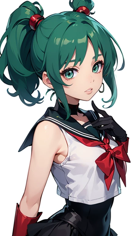 One girl, Alone, ponytail, Green Hair, (Elbow Gloves), Head ornament, Dark red bow, Tight Top, (Black sailor collar), White gloves, Earrings, smile, Pure Background, Clean background, White background, Black Skirt,(Sailor Pluto&#39;s Uniform), Standing, walk, return, Front, Looking into the camera, Dynamic pose. Ren Jun, White top, Elbow Gloves, Black boots, walk on the floor((masterpiece)),(((Best Quality))),((Vulgar)),Thighs,((Between the breasts)),Pussy juice,Wearing Wet Sexual,milking,(Sailor Moon),Sweaty skin,(Drooling:1.2),Juice from ,Vaginal discharge,A woman who was sexually assaulted,Vulgar disco club ,Blowjob, How(Groin bulge:1.3), nipples erect brown skin,Full body view