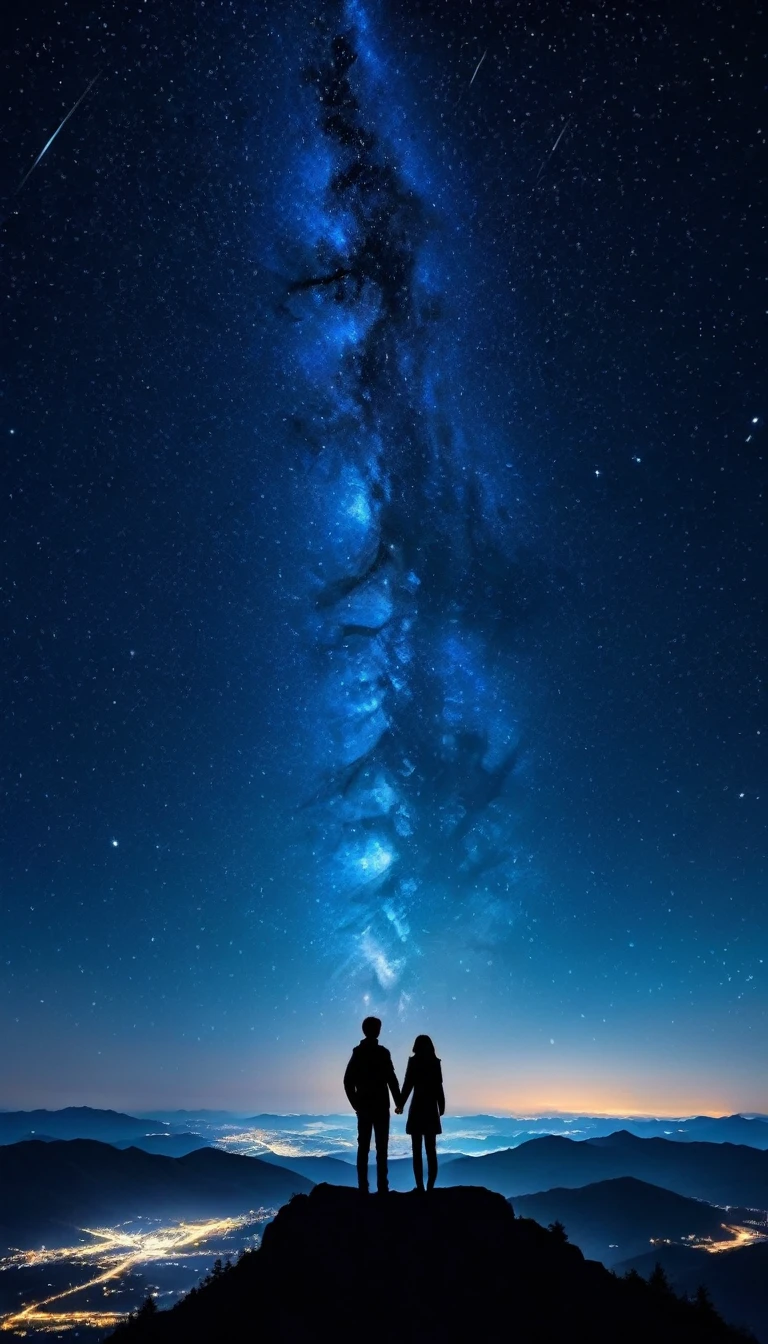 Please draw the night view from the top of the mountain.。In the foreground、There is a silhouette of a couple standing close together and holding hands.。The two of them are close to each other、It is a posture looking up at the starry sky.。In the night sky、Orion is clearly visible。The main stars of Orion、In particular, Betelgeuse and Rigel are depicted brighter and larger than other stars.、Please connect the constellations。In the background is a deep azure night sky.、Countless tiny stars are scattered all over。Mountains in the distance々The silhouette of、In the foreground, the city lights shine faintly.。overall、Use colors that emphasize the contrast between the dark ground silhouette and the bright starry sky.。From the whole scene、Make sure it conveys a romantic and mysterious atmosphere。