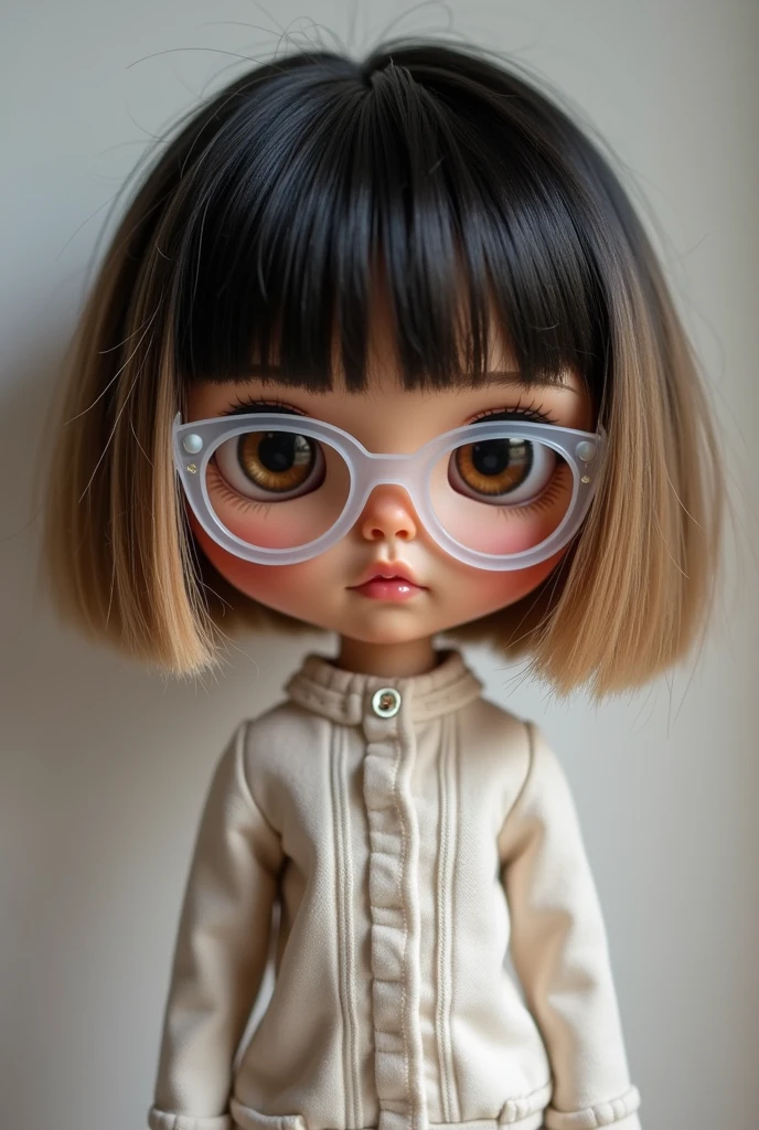 A blythe doll with short hair glasses without bangs