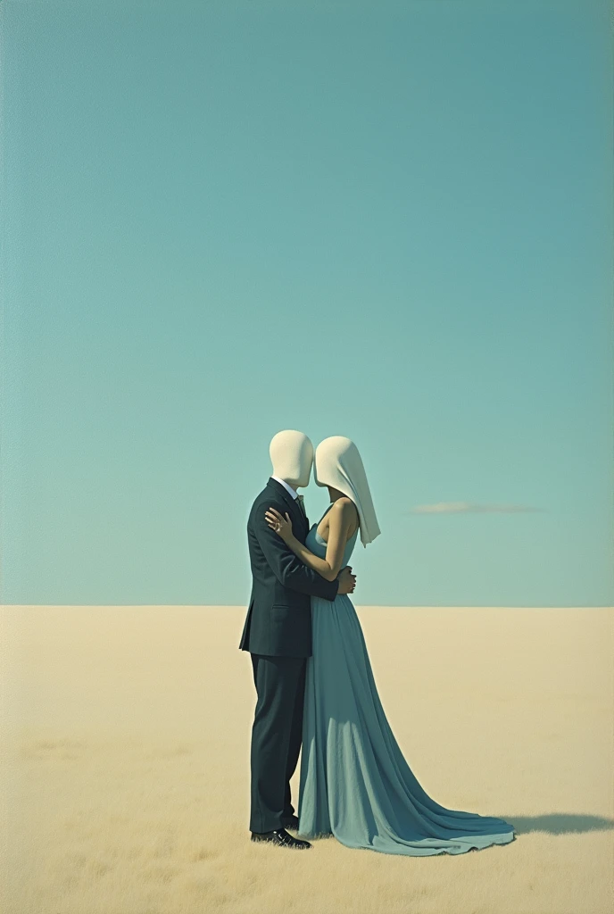 <lora:surr:0.7>surr, man in suit with white fabric covering face kissing person wearing long dress with white fabric covering face, full body shot, surreal background