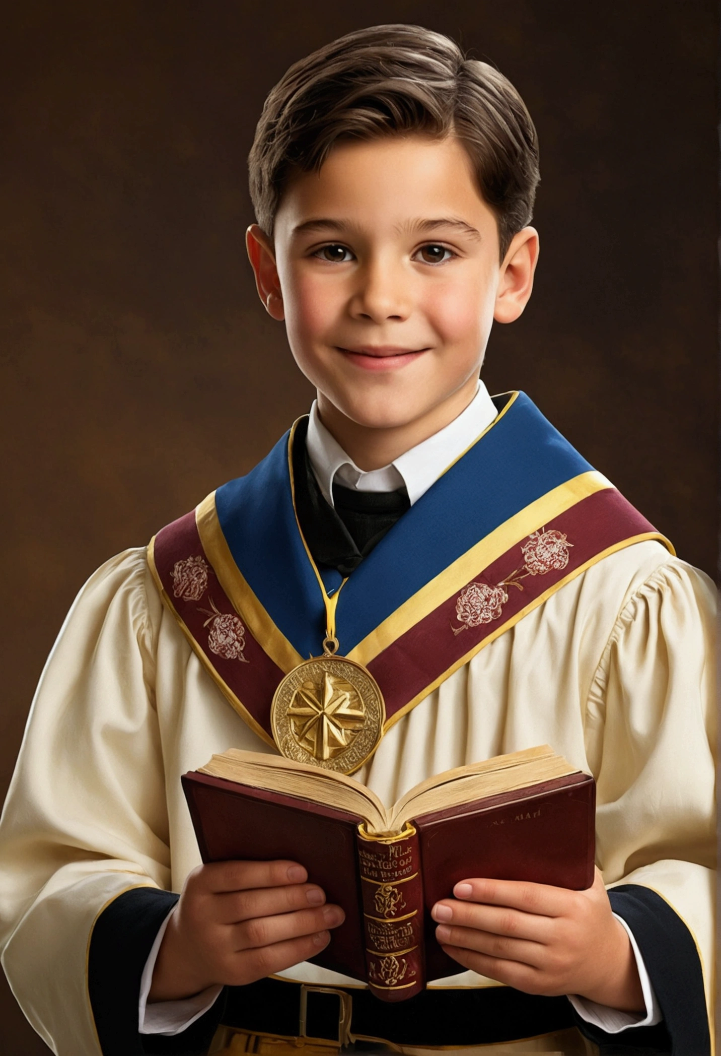 A 14-year-old Christian boy with a Bible on his coals with brown hair and black eyes 
Marrom Sports Jacket Social Shirt White Marrom Pants Combed Side In A Christian Church With A Smiling Face Wearing Marrom Pants All Your Social Clothes In Church
