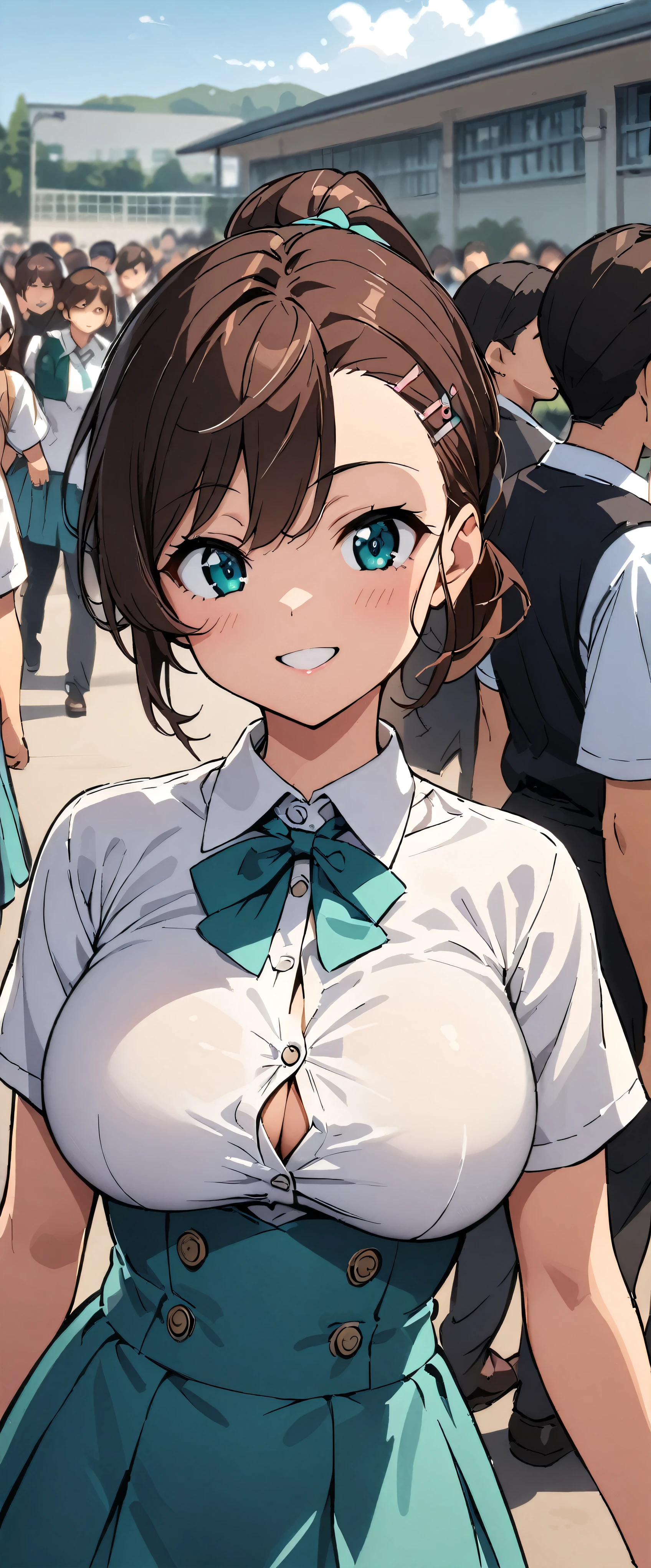 First Woman、、Brown Hair、Beautiful ponytail hairstyles、(Teal high waist skirt:1.3)、(White shirt:1.3)、(Double-breasted、Underbust:1.2)、Short sleeve、Button Gap、smile、Big Breasts,School,crowd