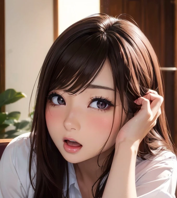Photo Real、photoRealstic、girl1 A dark-haired、Blunt bangs、dishevled hair At the back of the throat、Painting in the mouth Acme face、panting、ahe face、put out the tongue、droolng、dripping saliva Faces close、Facial Close-up Background with、bedsheet、PILLOWS