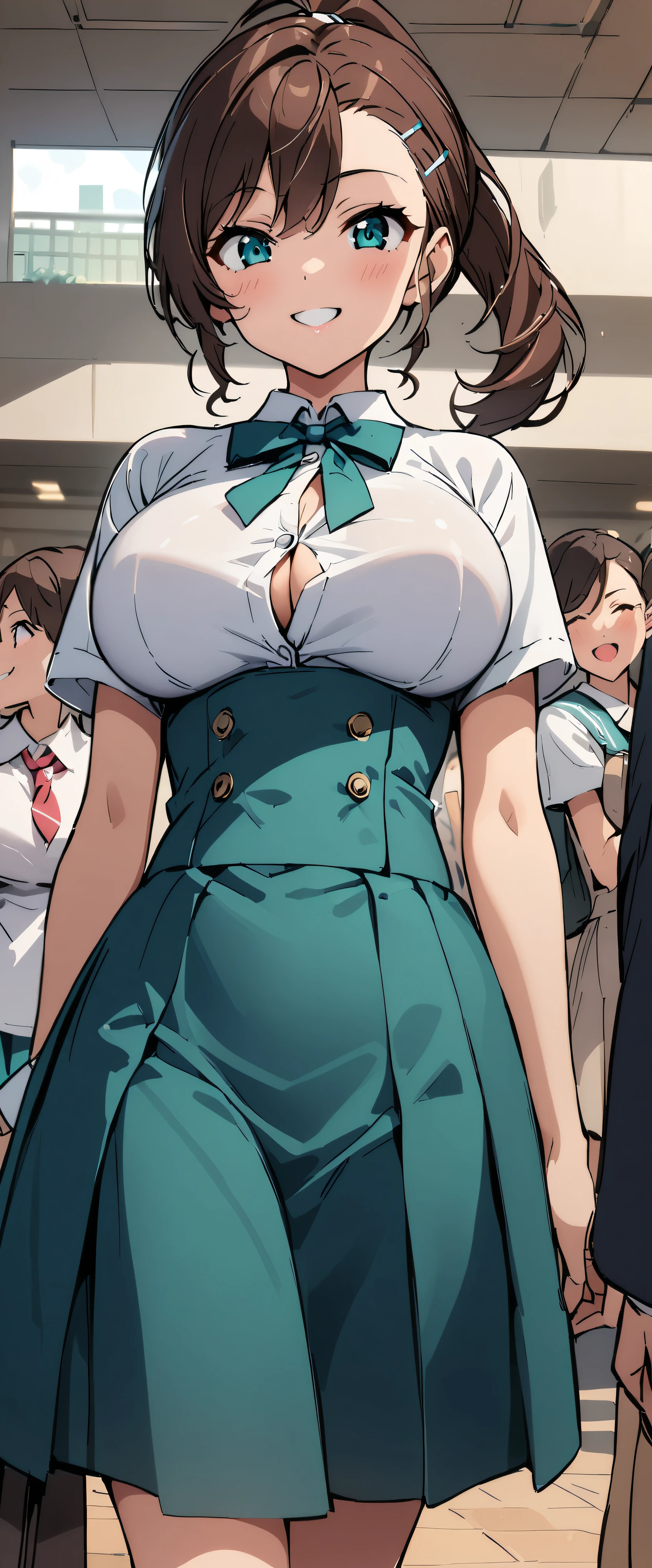 First Woman、、Brown Hair、Beautiful ponytail hairstyles、(Teal high waist skirt:1.3)、(White shirt:1.3)、(Double-breasted、Underbust:1.2)、Short sleeve、Button Gap、smile、Big Breasts,School,crowd