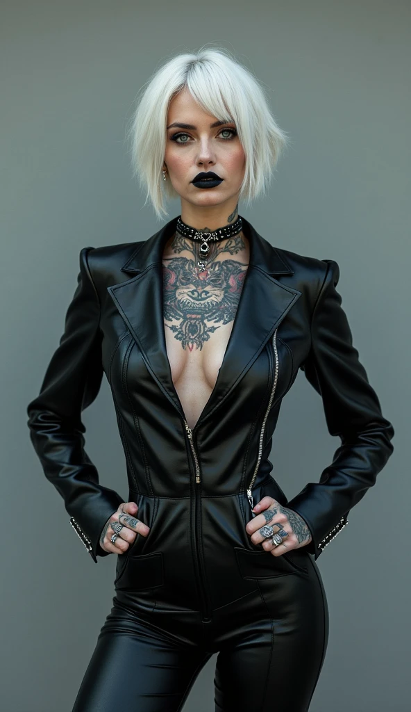 russian old milf woman, grey hair (top bun, shaved sides), with very light blue eyes, extremely pale. Wearing cropped black moto jacket (brooches and badges on lapels), shiny silver bra, skinny leather jeans and silver pointy Chelsea boots with cuban heels . Lots of metallic wide silver bracelets, a tacky chain and a padlock as a collar. Tacky studded leather belt with oversized chanel buckle. Wide loop earrings. Kneeling looking up, eyes and mouth wide open in amazement. Tattooed. Hands on her knees. Chin up, looking up listening in amazement to God. Well toned abdominals, thin legs and thin arms.