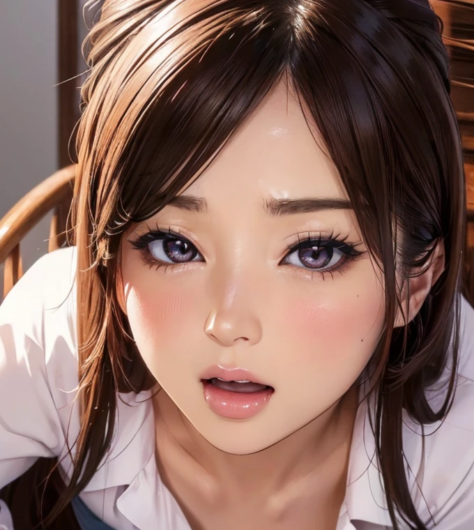 8K quality、High resolution、Realistic skin texture、High resolutionの瞳、Detailed face、Blowjobする女、Brown long hair、、A simple green Chinese dress made from light fabric.、Dignified face、thin、Model Body Type、Realistic female genitalia、Deep and realistic penis swallowing、Blowjob、deep throat、Semen-covered body、put penis in mouth all the way to the base、Shooting from the side、Swallowing a lot of semen