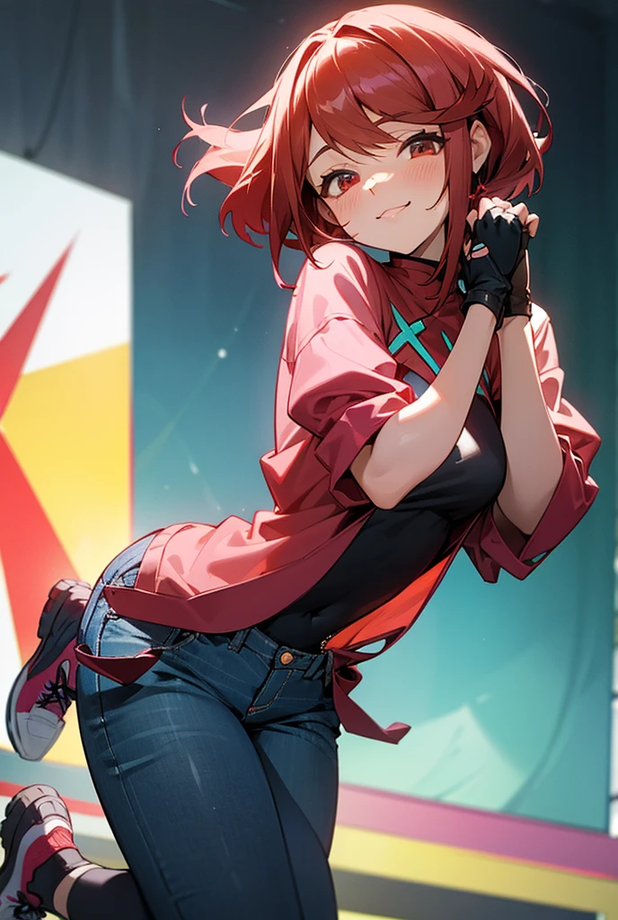 Pyra Homura, reddish hair in ponytail, long-sleeved shirt, jeans, sneakers, fingerless gloves, room stage, woman to reactive and cute, provocative and affectionate demeanor, friendly and daring smile at the same time, noticeably in love, slight blush, provocative pose 