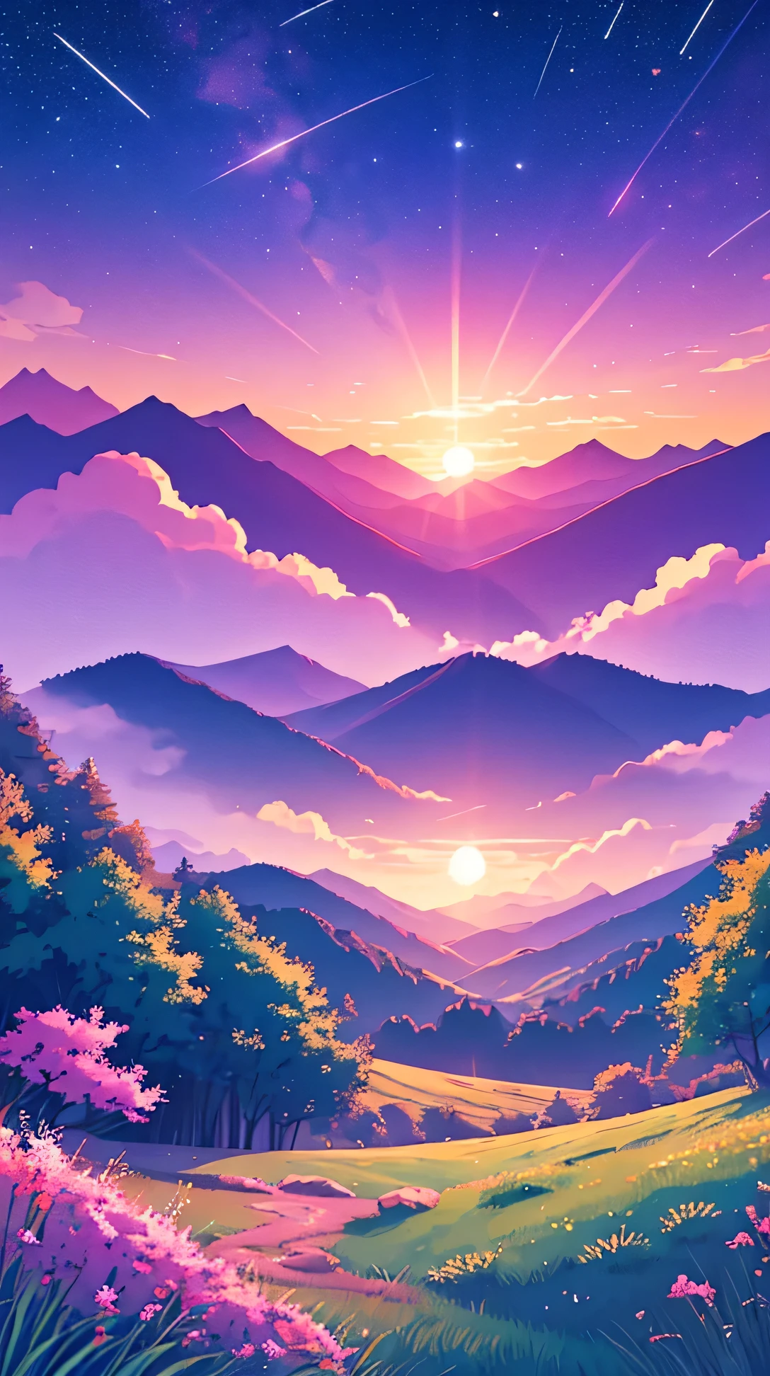 /imagine prompt: Viral anime nature wallpaper in 4K quality, in the style of photography with a 35mm lens inspired by Mamoru Hosoda, capturing a tranquil mountain meadow at dawn, the sky a gradient of pink and purple, and a gentle mist rising from the ground; cool and serene color temperature, cosmos lighting with stars twinkling in the sky, no human characters, the atmosphere is peaceful and serene --v 5 --stylize 1000