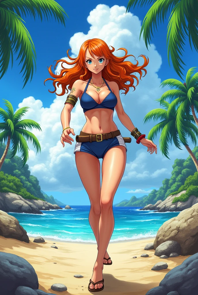 (full body:1.4), Tall, slender ((redhead)) woman of Irish descent. (pale:1.3)complexion. blue eyes, cute butt, nice legs. Kind eyes, cute (smile). Light makeup, tiny bikini, sandals, sunglasses. Tropical beach, sunset.