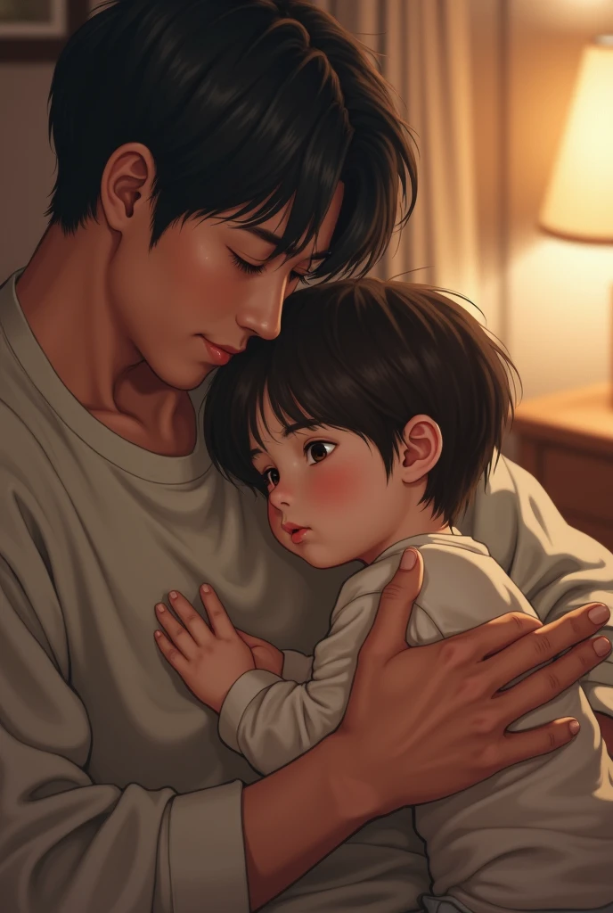 Create a man like 1 with pale skin, blue eyes and honey brown hair, and delicate appearance, holding a black-haired in the style of an anime Boku no hero