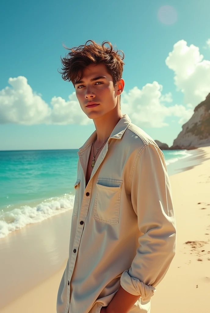 Teen boy, 16 , Latino, on beach, tight black jockstrap, white fishnet shirt, abs, muscular, curly hair, shark tooth necklace