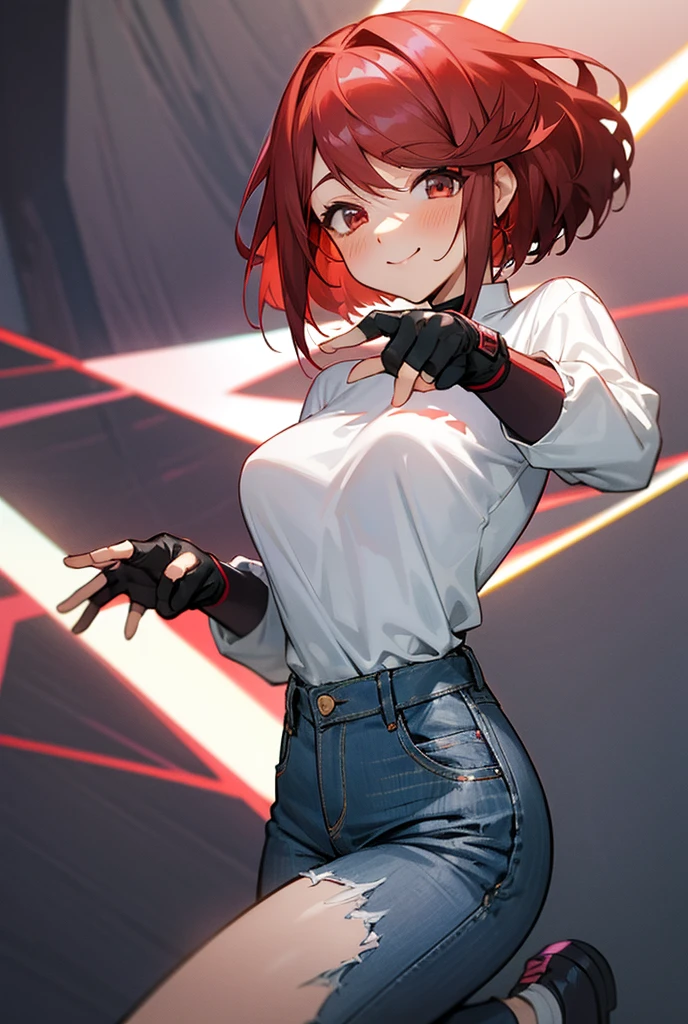 Pyra Homura, reddish hair in ponytail, white shirt with dark long sleeves, jeans, sneakers, fingerless gloves, room stage, woman to reactive and cute, provocative and affectionate demeanor, friendly and daring smile at the same time, noticeably in love, slight blush, provocative pose 