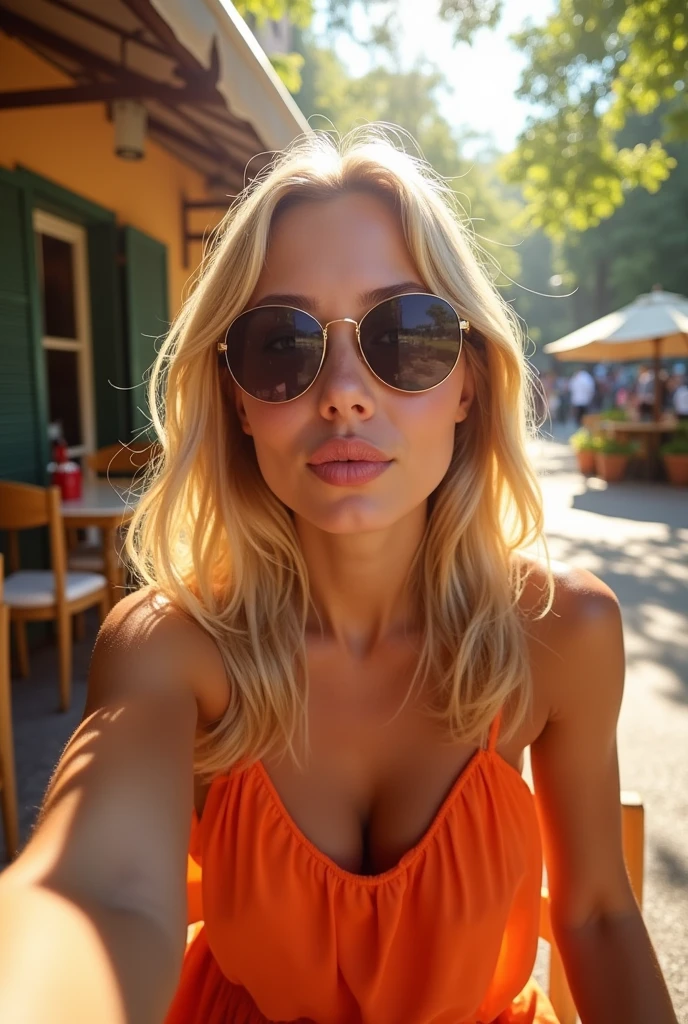 (Blonde), bold and sexy hiker, ((upper body selfie)), masterpiece, best quality, ultra-detailed, solo, outside, (golden hour), garden, grass, hair tied, sun dress, sun glasses, smoke, shadows, contrast, clear sky, sun, style, (warm hue, warm tone: 1.2), close-up, cinematic light, side lighting, ultra high resolution, best shadow, RAW, upper body, seductive look, natural breasts, 4k, open neckline, sexy