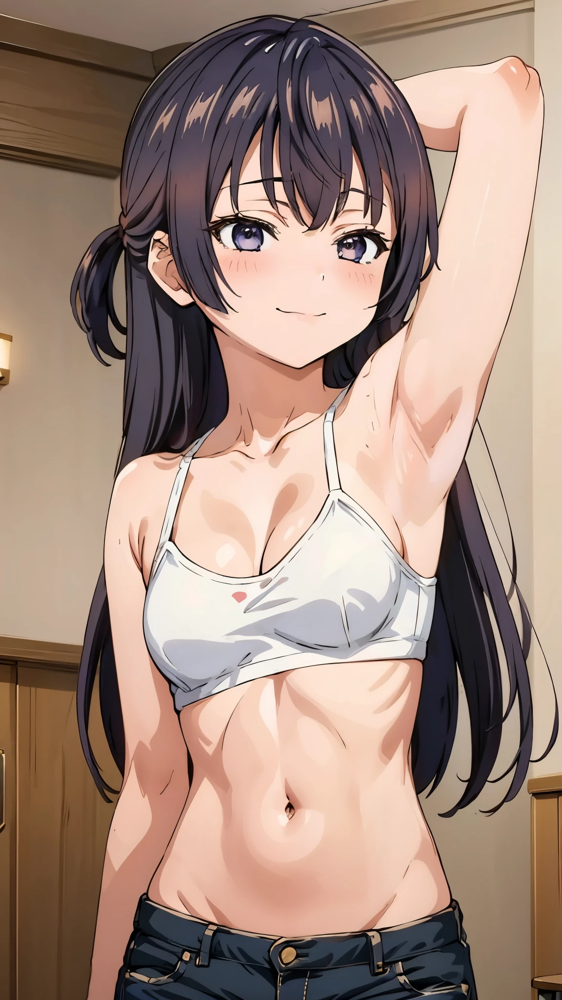 1girl, anime artstyle, masterpiece, highres, solo, 8k, detailed, perfect face, best quality, (ultra high quality), (looking at viewers), (armpit), collarbone, bare arms, bare shoulders, small breast, cleavage, black hair color, long hair, belly, stomach, navel, abs, sport bra, white bra, mini short, denim short, slim body, upper body, thighs, closed mouth, smile, blush, indoors, hand up