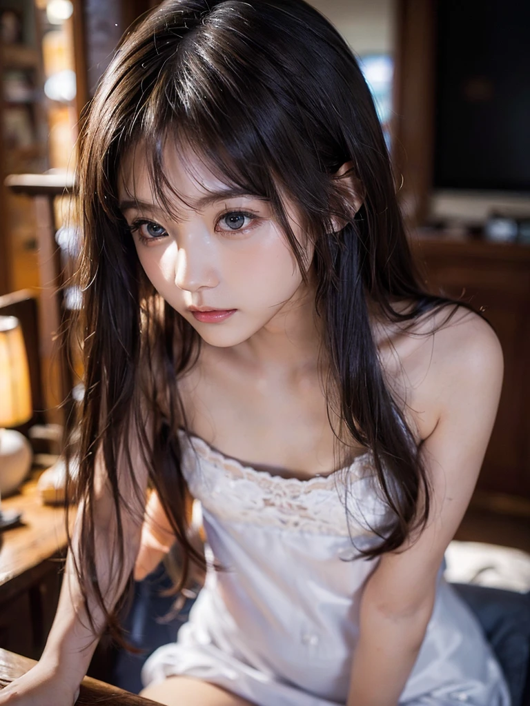 masterpiece、highest quality、8K、(crazy long hair:1.5) 、1 girl、、detailed face and eyes、brown eyes、head band、silk dress、black hair、perfect body、ultimate beautiful girl、perfect beauty、、put your hands on your knees、、leaning forward、、flat body、slim、cute、simple background、white skin、round face、Very adorable little face、、、