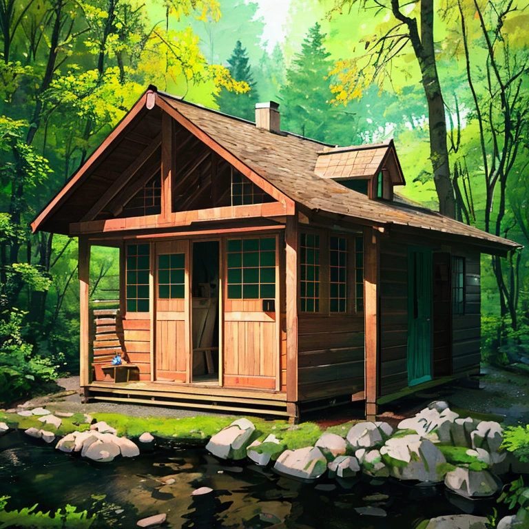 a small cozy wooden cabin in the middle of a dense forest, a cute little wooden house, warm atmospheric lighting, a small stream in front of the house, cartoon style, detailed landscape, serene environment, lush green foliage, wooden texture, river with flowing water, peaceful ambiance, inviting and charming, (best quality,8k,highres,masterpiece:1.2),ultra-detailed,(realistic,photorealistic,photo-realistic:1.37),vibrant colors,soft lighting,3d render