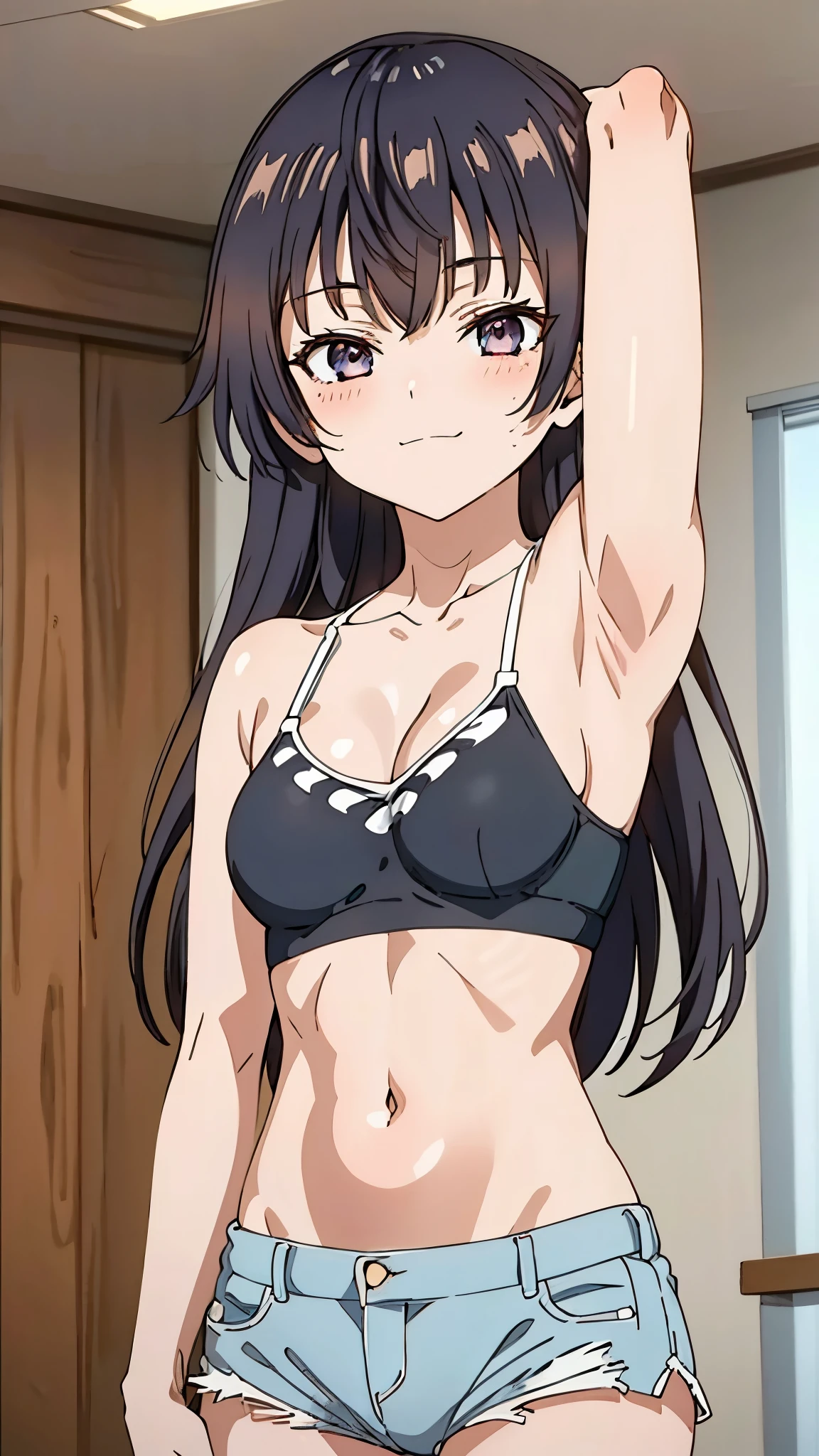 1girl, anime artstyle, masterpiece, highres, solo, 8k, detailed, perfect face, best quality, (ultra high quality), (looking at viewers), (armpit), collarbone, bare arms, bare shoulders, small breast, cleavage, black hair color, long hair, belly, stomach, navel, abs, sport bra, white bra, mini short, denim short, slim body, upper body, thighs, closed mouth, smile, blush, indoors, hand up