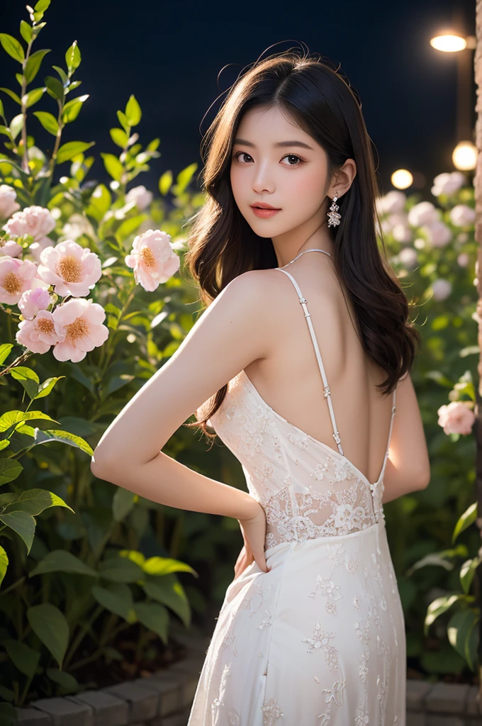 a stunningly realistic, high resolution 8K photo of a beautiful 30-year-old woman with medium long hair and a glamorous figure, (elegant summer white dress:1.2), dramatic lighting, masterpiece, immersive atmosphere, chiaroscuro:(1.5, bright light:1.2, luminous lighting), (background blur:1.5), blurring, best quality, photorealistic, ultra-detailed, HDR, physically-based rendering, studio lighting, vivid colors, bokeh, (real skin texture:1.3), high contrast, (Fuji Color:1.5), Film grain, girl in garden, (red flowers mess in background:1.3), seductive detailed red eyes and face, dynamic lighting, in the dark, deep shadow, low key, cowboy shot, 