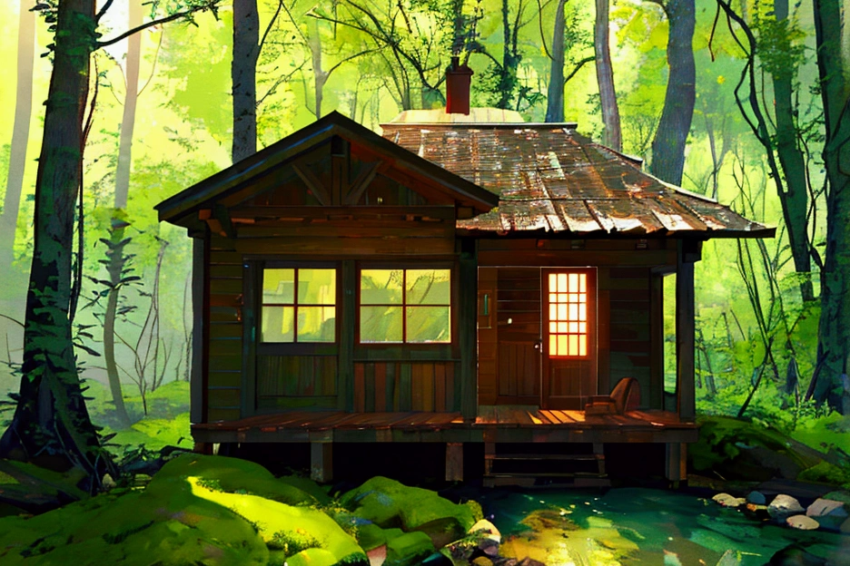 a small cozy wooden cabin in the middle of a dense forest, a cute little wooden house, warm atmospheric lighting, cartoon style, detailed landscape, serene environment, lush green foliage, wooden texture, river with flowing water, peaceful ambiance, inviting and charming, (best quality,8k,highres,masterpiece:1.2),ultra-detailed,(realistic,photorealistic,photo-realistic:1.37),vibrant colors,soft lighting,3d render