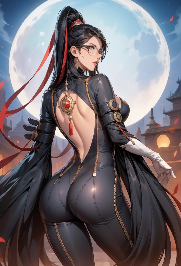 perfect eyes:1.2, detailed eyes:1.4, BBayo, long hair, black hair, glasses, grey eyes, mole under mouth, breasts, black clothes, skinsuit, jewelry, amulet, white gloves, feathered sleeves, red ribbon, ass, cowboy shot, 1girl, solo, (masterpiece:1.6, best quality), 8k, insane details, intricate details, hyperdetailed, hyper quality, high detail, ultra detailed, professional, HDR, ray tracing reflection, cinematic lighting,