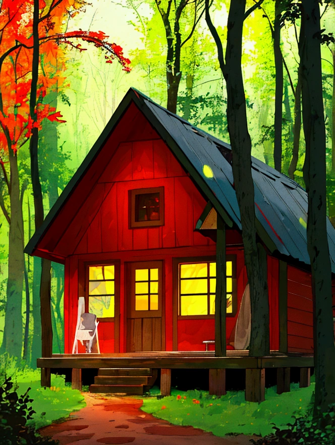 a small cozy wooden cabin in the middle of a dense forest, a cute little wooden house, flower park and trees view, warm atmospheric, sparkling, vibrant colors ,highly detailed, highly sharpened, masterpiece quality