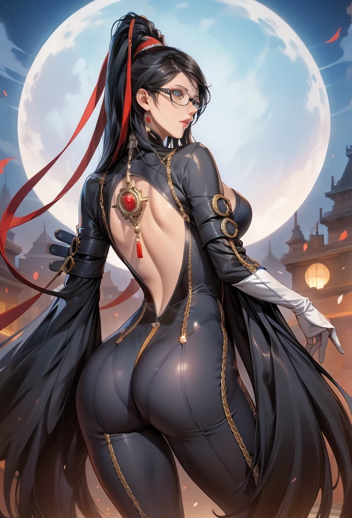 perfect eyes:1.2, detailed eyes:1.4, BBayo, long hair, black hair, glasses, grey eyes, mole under mouth, breasts, black clothes, skinsuit, jewelry, amulet, white gloves, feathered sleeves, red ribbon, ass, cowboy shot, 1girl, solo, (masterpiece:1.6, best quality), 8k, insane details, intricate details, hyperdetailed, hyper quality, high detail, ultra detailed, professional, HDR, ray tracing reflection, cinematic lighting,