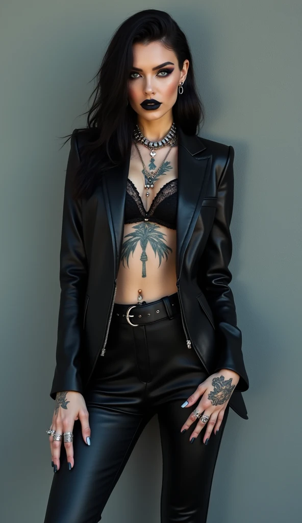 beautyful mature japanese woman, slim body, slender body, black bra, big long fringe black hair, black lipstick, pink jacket, black chocker, milf, tattooed, black tattoos, black pants, mature like, bored face