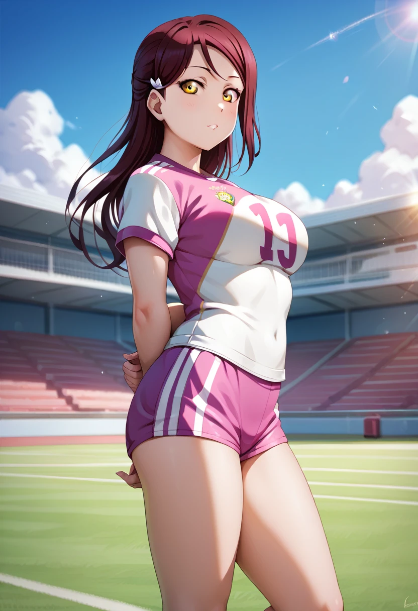 masterpiece, best quality,realistic anime art, solo, wearing soccer clothes,large breasts ,dark red hair ,short sleeves, thighs,yellow eyes , sakurauchi riko love live , standing , arms behind back,looking at viewer