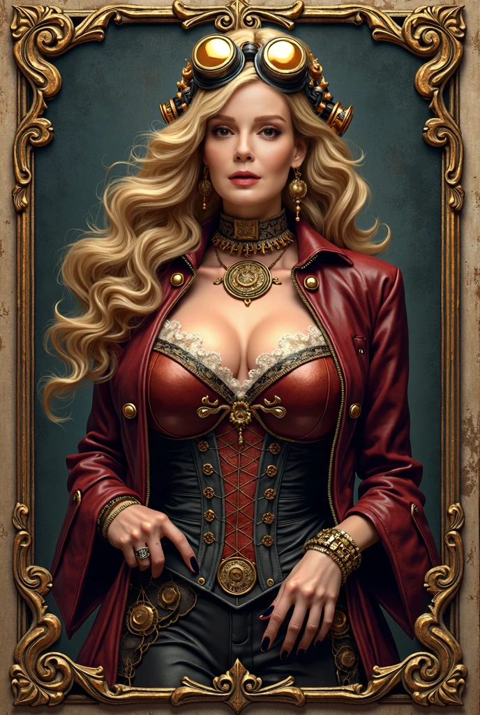 gorgeous woman, clockwork corset, steampunk, long golden hair