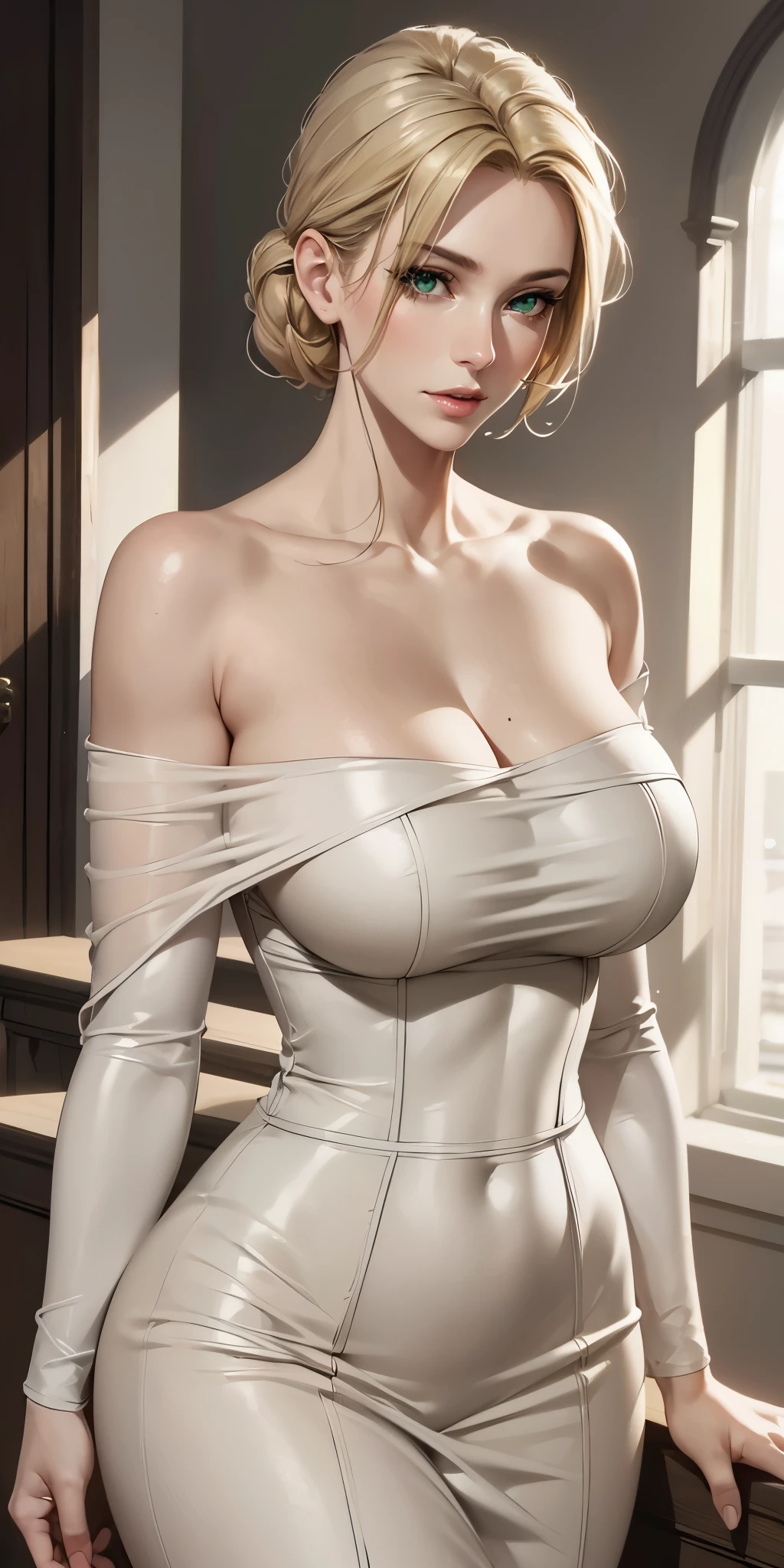 Excella_re5, bare shoulders, jewelry, earrings, belt, necklace, bracelet, lips, hair bun, no bra, short dress, curvy, watch, center opening, wristwatch, short hair, white dress, plunging neckline, hair pulled back, AS-MidAged, ((best quality)), ((masterpiece)), (detailed), (Giant breasts: 1.6), (Suspended breasts: 1.5), (Tight breasts: 1.3), (Bimbo: 1.4), (Ridiculous: 0.8), (Milf: 1.4), (Curvy: 1.3) muscular tighs, IFBB, glasses, gloves, depth of field, night, action portrait, photorealistic, cinematic lighting, highly detailed, better hand, perfect anatomy, foreshortening effects