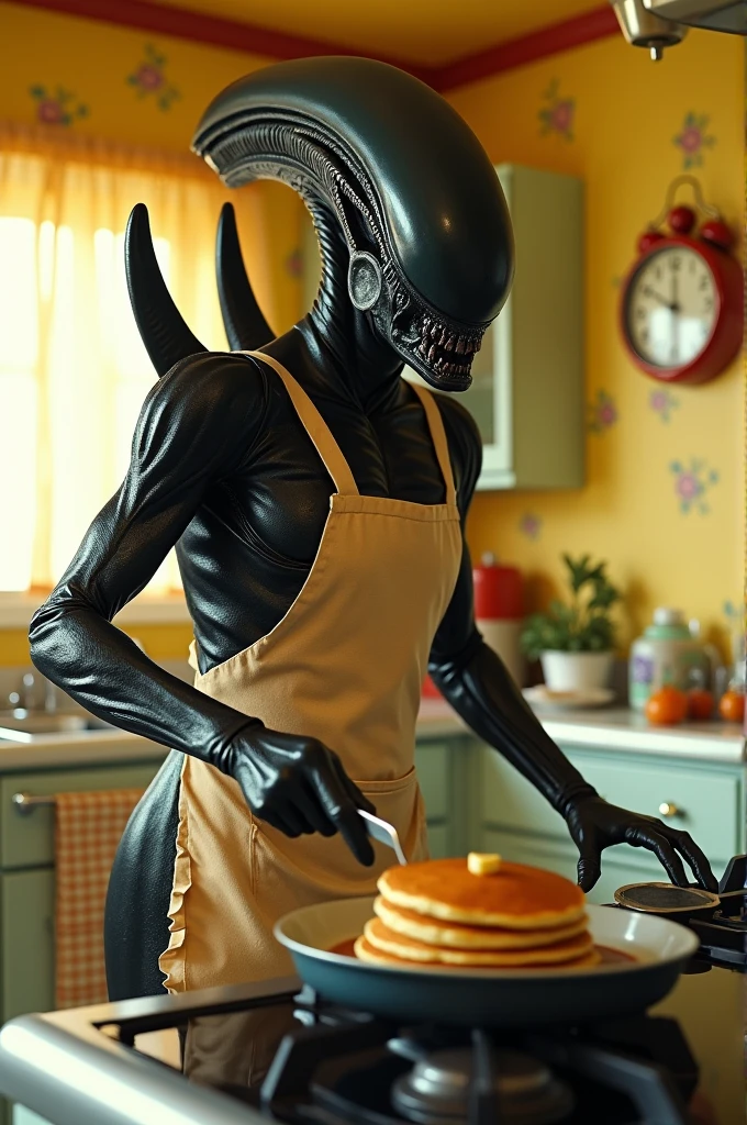 Aliens xenomorph has broken into the pantry, it is eating a donut, spaceship